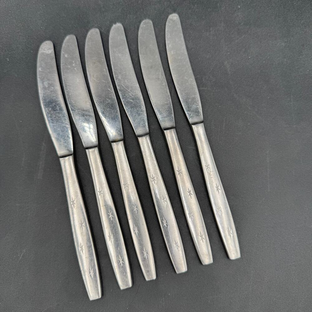 Set/6 Vtg Atomic Dinner Knives Serrated Solid Stainless Steel MCM